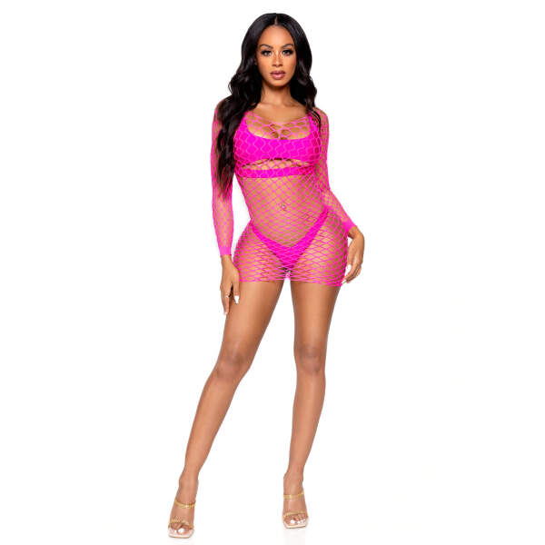 Leg Avenue - Bodystocking Jurkje - Visnet - Neon Roze - Afbeelding 4