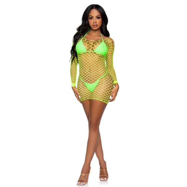 Leg Avenue - Bodystocking Jurkje - Visnet - Neon Groen - Afbeelding 3