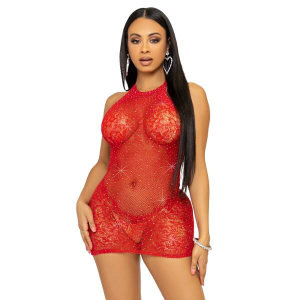 Leg Avenue - Bodystocking Jurkje - Strass - Visnet - Rood