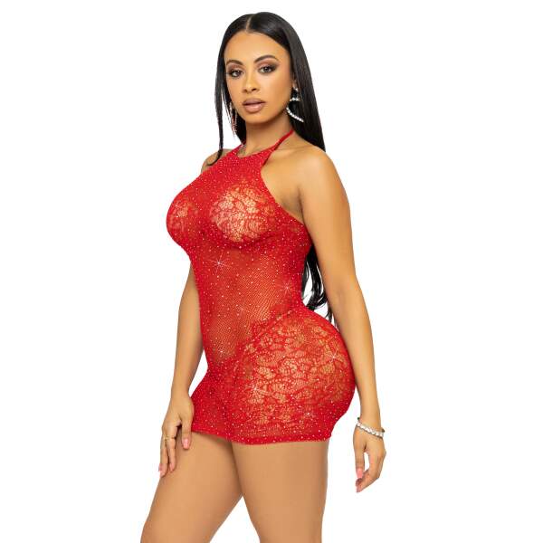 Leg Avenue - Bodystocking Jurkje - Strass - Visnet - Rood - Afbeelding 5
