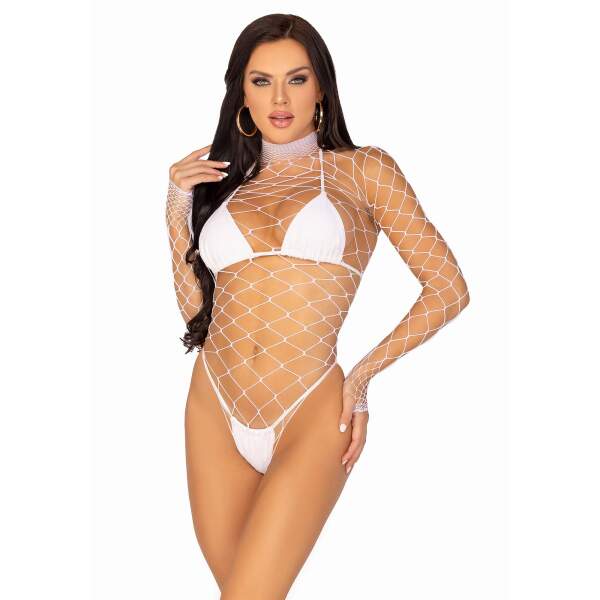 Leg Avenue - String Body - Turtelneck - Lange Mouw - Visnet - Wit