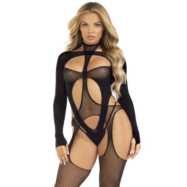 Leg Avenue - Bodystocking - Teddy - 2 delige Set - Visnet - Zwart - Afbeelding 5