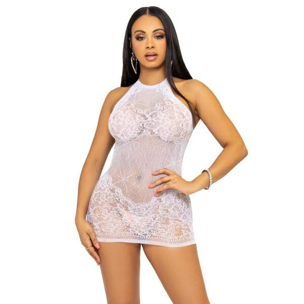 Leg Avenue - Bodystocking Jurkje - Strass - Visnet - Wit