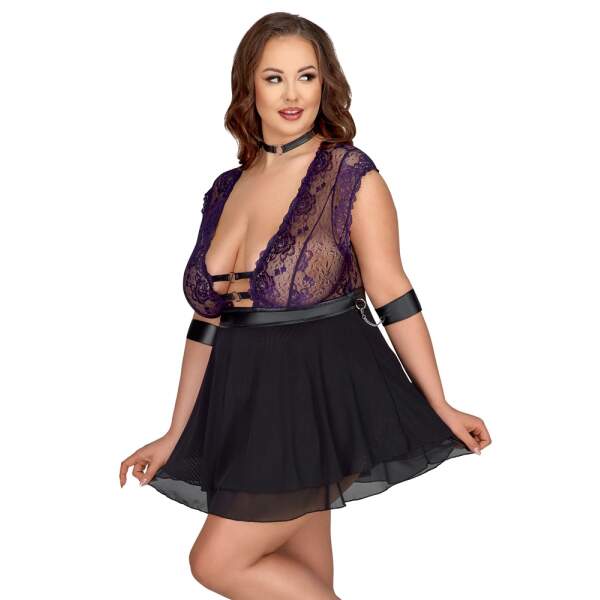 Cottelli Collection - Bondage Babydoll - Paars Kant - Gaas Rok - Choker - Armboeien - Zwart - Afbeelding 2