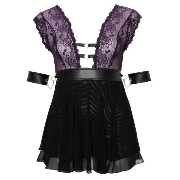 Cottelli Collection - Bondage Babydoll - Paars Kant - Gaas Rok - Choker - Armboeien - Zwart - Afbeelding 5