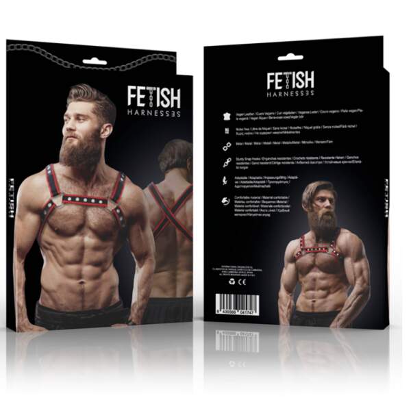 Fetish Submissive - Borstharnas - Verstelbaar - Studs - PU-leer - Rood - Zwart - Afbeelding 4