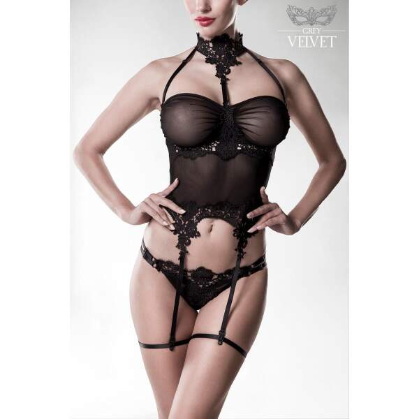 Grey Velvet - Bustier - Jarretel - Gaas - Zwart