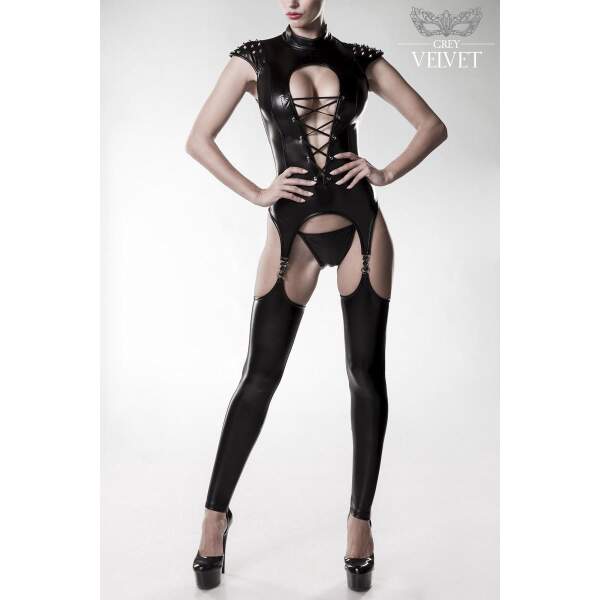 Grey Velvet - Erotic Corset Set - 3-delig - PU-Leer - Vetersluiting - Zwart