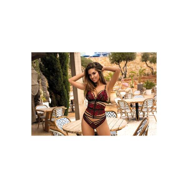 Axami - Sensual Paradise - Bralette met Tailleband - Kant - Rood - Zwart - Afbeelding 3