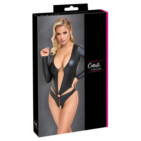 Cottelli Collection - Body - Lange Mouwen - Open Kruis - Ringen - Wetlook - Zwart - Afbeelding 6