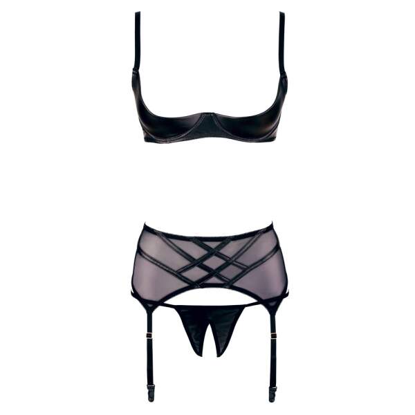 Cottelli Collection - 3-delige Sexy Lingerie Set - Halve Cup - Kruisloze String - Met Jarretelgordel - Zwart - Afbeelding 4