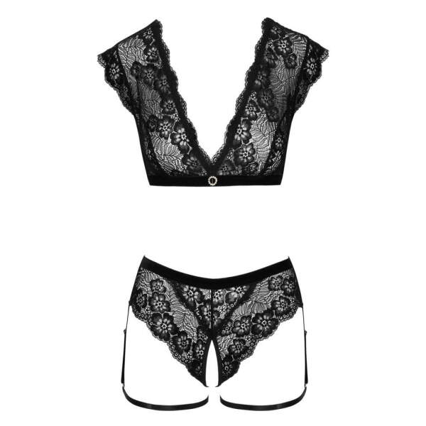 Cottelli Collection - Lingerie Set - Open Kruis - Beenstraps - Kant - Zwart - Afbeelding 4
