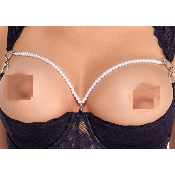 Cottelli Collection - Setje Pearl - BH met Jarretel/String - Parels - Kant - Paars - Zwart - Afbeelding 4