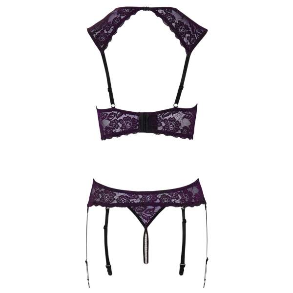 Cottelli Collection - Setje Pearl - BH met Jarretel/String - Parels - Kant - Paars - Zwart - Afbeelding 6
