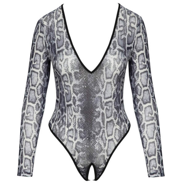 Cottelli Collection - Stringbody - Lange Mouwen - Open Kruis - Gaas - Snakeprint - Afbeelding 3