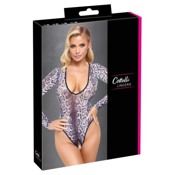 Cottelli Collection - Stringbody - Lange Mouwen - Open Kruis - Gaas - Snakeprint - Afbeelding 5