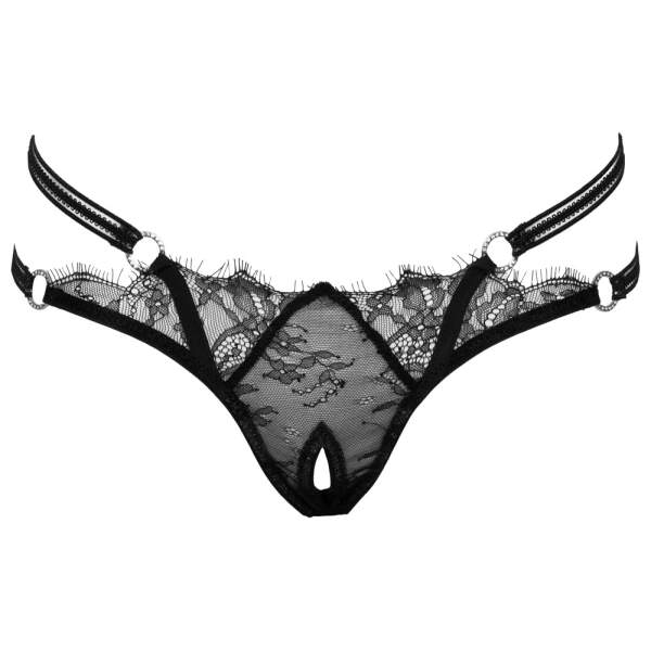 Cottelli Collection - String - Open Kruis - Dubbele Straps - Strass - Kant - Zwart - Afbeelding 5