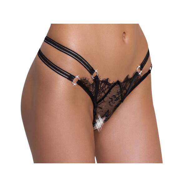 Cottelli Collection - String - Open Kruis - Dubbele Straps - Strass - Kant - Zwart - Afbeelding 4