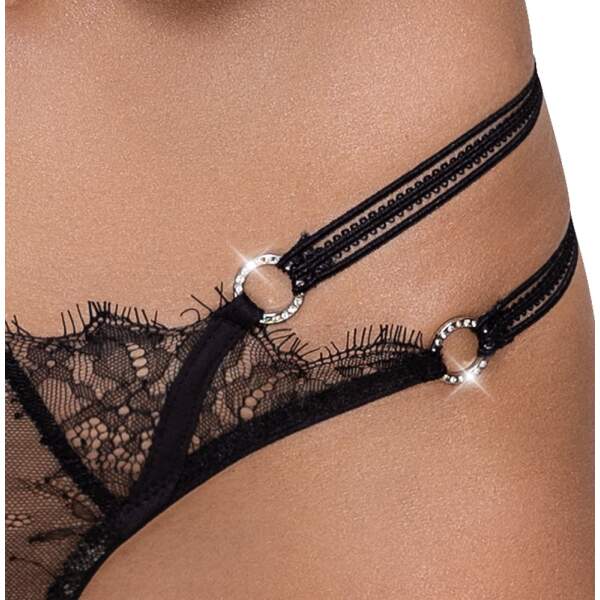 Cottelli Collection - String - Open Kruis - Dubbele Straps - Strass - Kant - Zwart - Afbeelding 3