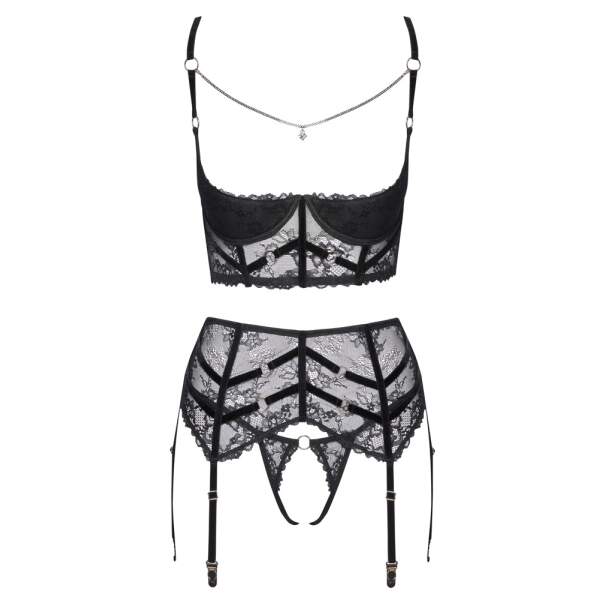Cottelli Collection - 3-delige Lingerie Set - Jarretel - Kant - Zwart - Afbeelding 5