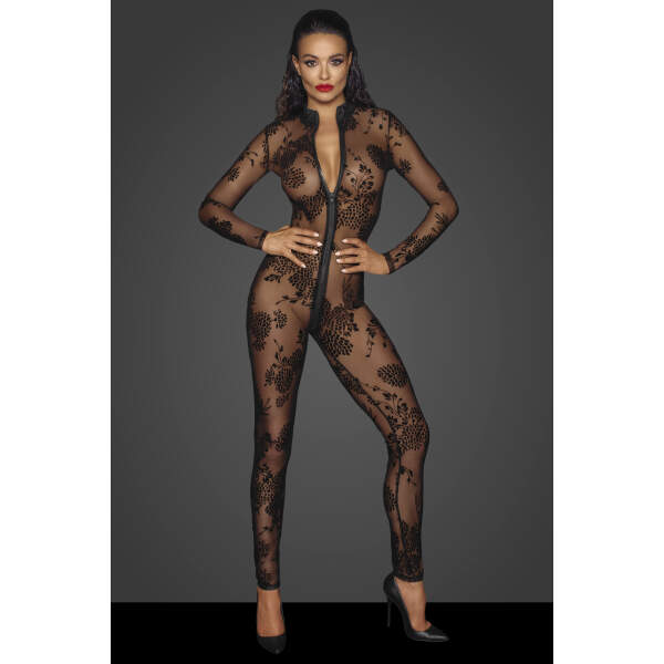 Noir Handmade - F237 - Catsuit - Gaas - Flockprint - 3-zijdige Rits - Zwart - Afbeelding 2