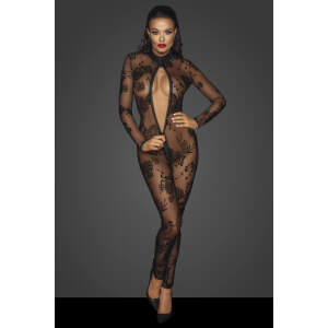 Noir Handmade - F237 - Catsuit - Gaas - Flockprint - 3-zijdige Rits - Zwart