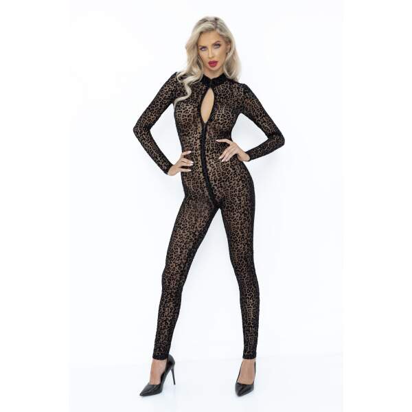 Noir Handmade - F285 - Catsuit - Flockprint - Luipaard - Gaas - Zwart