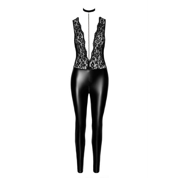 Noir Handmade - F298 Libido - Catsuit met Choker - Parelketting - Kant - Wetlook - Zwart - Afbeelding 4