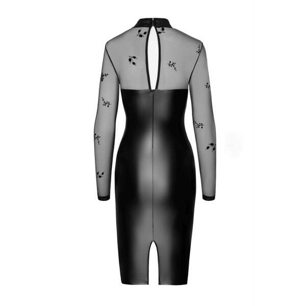 Noir Handmade - F310 Sublime - Midi Jurk - Hoge Split - Flockprint - Wetlook - Zwart - Afbeelding 5