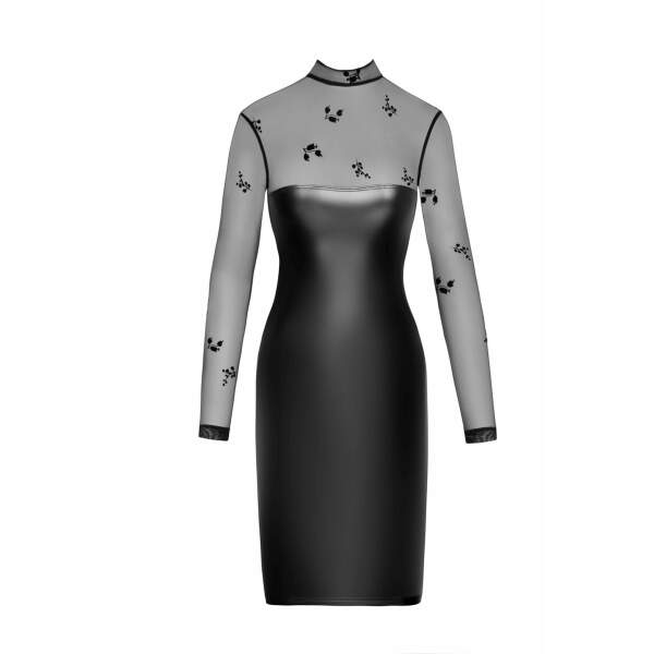 Noir Handmade - F310 Sublime - Midi Jurk - Hoge Split - Flockprint - Wetlook - Zwart - Afbeelding 4
