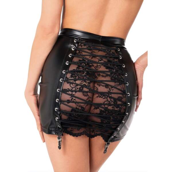 Noir Handmade - F341 Corset - Mini Rok met Veters - Kant - Wetlook - Zwart