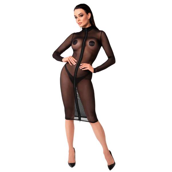 Noir Handmade - F347 - Ecstasy - Midi Jurk - Rits - Gaas - Zwart - Afbeelding 4