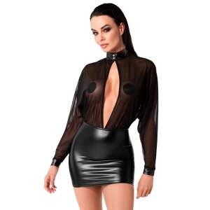 Noir Handmade - F348 Opium - Mini jurk - Lange Mouwen - Gaas - Wetlook - Zwart