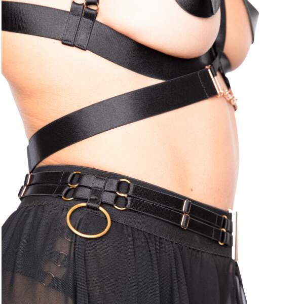 Kinky Diva - Goddess Skirt - Openvallende Rok - Rose Gouden Accenten - Gaas - Zwart - Afbeelding 6