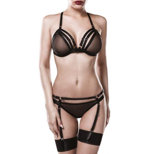 Grey Velvet - Mesh Lingerie Set - Met Straps - Jarretelgordel - Zwart