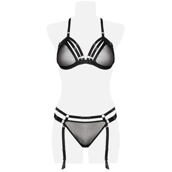 Grey Velvet - Mesh Lingerie Set - Met Straps - Jarretelgordel - Zwart - Afbeelding 4