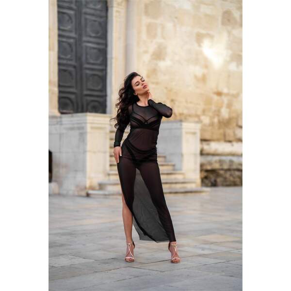 Axami - Latona - Maxi Jurk met Lange Mouwen - Gaas - Zwart - Afbeelding 3