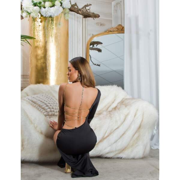 Koucla - Maxi Jurk - One Shoulder - Hoge Split - Gouden Kettingen - Lycra - Zwart - Afbeelding 4