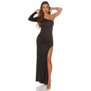 Koucla - Maxi Jurk - One Shoulder - Hoge Split - Gouden Kettingen - Lycra - Zwart