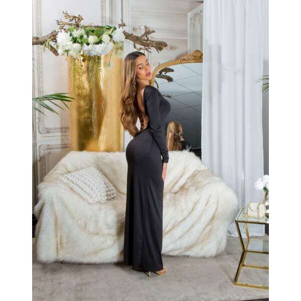 Koucla - Maxi Jurk - One Shoulder - Hoge Split - Gouden Kettingen - Lycra - Zwart - Afbeelding 5