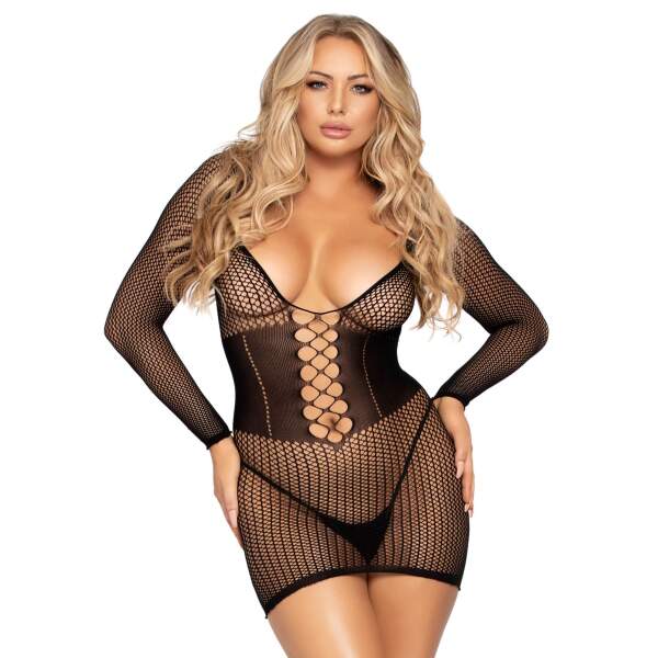 Leg Avenue - Bodystocking Jurkje - Lange Mouwen - Visnet - Zwart