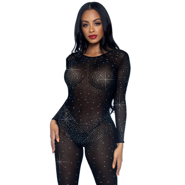 Leg Avenue - Catsuit - Open Rug - Strass - Gaas - Zwart - Afbeelding 3