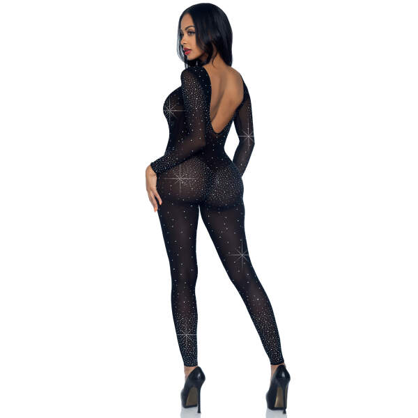 Leg Avenue - Catsuit - Open Rug - Strass - Gaas - Zwart - Afbeelding 2