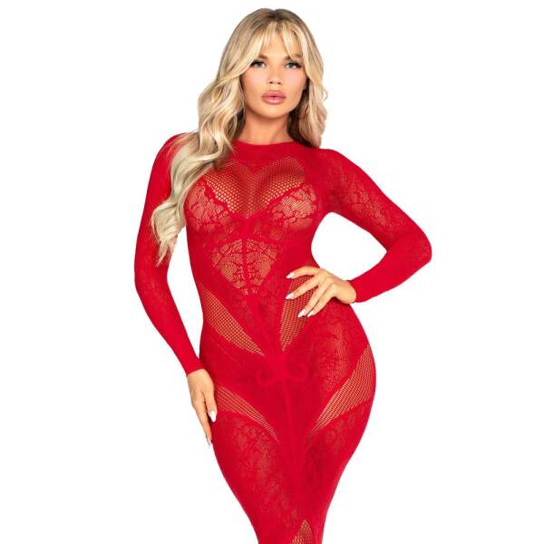 Leg Avenue - Mermaid dress - Lange Bodystocking Jurk - Lange Mouwen - Visnet - Rood - Afbeelding 3