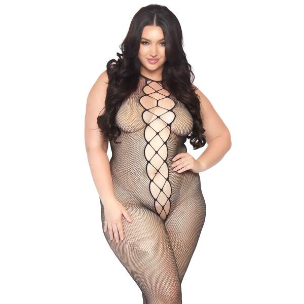 Leg Avenue - Bodystocking - Visnet - Vetersluitingen - Zonder Voeten - Queensize - Zwart - Afbeelding 3