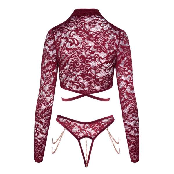 Abierta Fina - Lingerie Set - Lange Mouw - Open Kruis Slip - Kettingen - Kant - Rood - Afbeelding 7