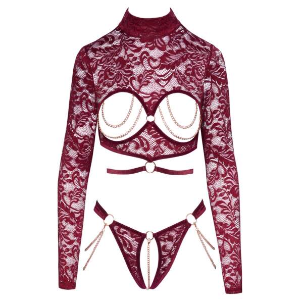 Abierta Fina - Lingerie Set - Lange Mouw - Open Kruis Slip - Kettingen - Kant - Rood - Afbeelding 6