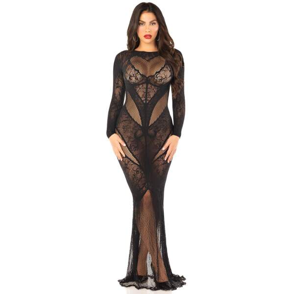 Leg Avenue - Mermaid dress - Lange Bodystocking Jurk - Lange Mouwen - Visnet - Zwart