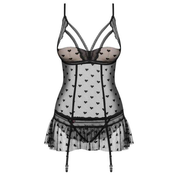 Obsessive - Heartia Bustiere en String - Hartjes - Mesh - Zwart - Afbeelding 3