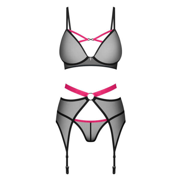 Obsessive - Novenes - Lingerie Set - Met Jarretelles - Red Straps - Gaas - Zwart - Afbeelding 3
